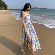 2024夏法式海边度假沙滩裙蓝色雪纺长裙气质碎花吊带连衣裙女