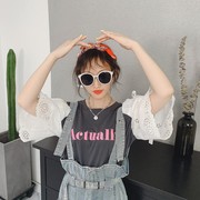 韩国东大门女装2022秋装洋气可爱宽松露肩蕾丝袖字母T恤