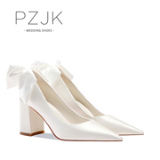 pzjk主婚纱婚鞋女2023年缎面蝴蝶结舒适粗跟不累脚礼服高跟鞋