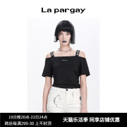 lapargay纳帕佳春夏女装，黑色上衣百搭修身印花肩带短袖t恤潮