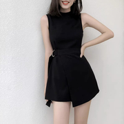 黑色连体短裤女雪纺，2023夏季高腰显瘦小个子，时尚工装连衣裤潮