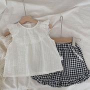 韩版女童夏季无袖上衣洋气宝宝，蕾花边白色，娃娃衫公主小童小衫宽松