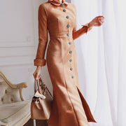 欧美风女装法式复古时髦英伦风单排扣修身气质收腰风衣鱼尾连衣裙