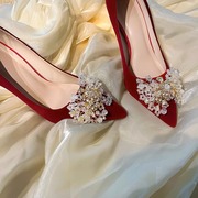 红色婚鞋新娘鞋秀禾服敬酒服水晶鞋，水钻高跟鞋2024尖头不累脚中式