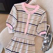 法式粉色条纹针织连衣裙女2024夏季小个子海边度假短袖修身