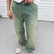 高街潮牌设计感字母印花牛仔长裤，男款夏季美式复古宽松直筒拖地裤