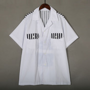 2022年夏季男装短袖衬衣韩版时尚条纹拼接口袋装饰单排扣衬衫