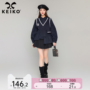 keiko非正式学院风假两件长袖，衬衫春季小众，设计马甲针织拼接上衣