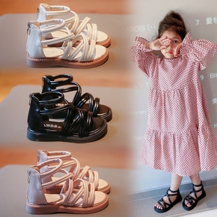 女童罗马凉鞋2024夏季儿童高帮，水钻露趾公主，鞋小女孩镂空凉鞋