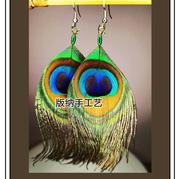 孔雀自然羽毛长款流苏坠子耳环傣，民族风波西米亚风手工串珠子耳饰