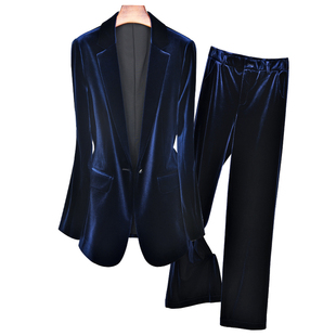 藏蓝色春装面试职业套装高级感洋气金丝绒气质修身时尚通勤女西装
