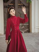法式复古长袖红色连衣裙单排扣设计收腰显瘦气质长裙春动漫