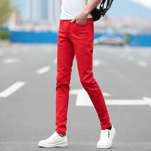 纯红色牛仔裤男 修身弹力小脚裤 韩版潮流时尚紧身帅气长裤