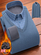 男士保暖衬衫假两件加绒加厚毛衣套头针织衫商务休闲免烫长袖衬衣