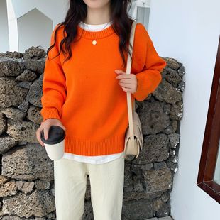 韩版秋冬很仙的毛衣女(毛，衣女)宽松外穿加厚慵懒风橘橙色套头上衣外穿针织