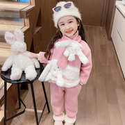 女童兔子卫衣加绒套装2023女宝宝冬装洋气，时髦加厚保暖三件套