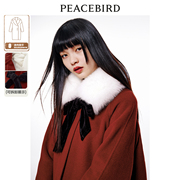 太平鸟毛领斗篷双面呢大衣，冬红色短款羊毛，外套小个子韩系大衣