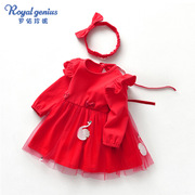女宝宝满月服红色连衣裙，公主裙可爱春秋季婴儿周岁生日礼服小女孩