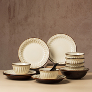 陶瓷盘子家用日式浮雕复古釉下彩圆盘鱼盘饭碗沙拉碗碗碟组合餐具