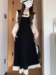 大码女装春秋法式复古赫本风小黑裙拼接假两件长袖连衣裙女