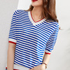 韩版夏季V领天蓝色海军风上衣t恤短袖冰丝针织常规短款潮