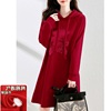 100%纯棉红色本命年连衣裙，冬季加绒卫衣女，亮片宽松气质卫衣裙