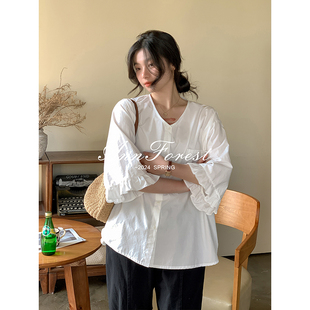 纯棉棉布水洗棉质衬衫安妮森林，2024年春季白色，清新v领中袖文艺衫
