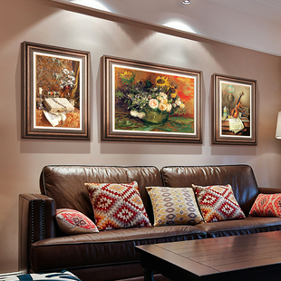 美式装饰画客厅沙发背景墙挂画复古卧室轻奢壁画，欧式花卉油画梵高