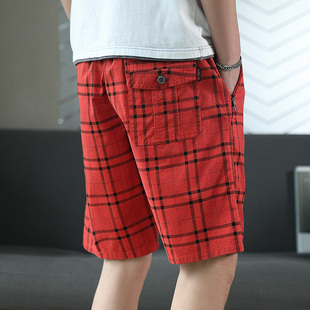 红色格子五分裤男士夏季薄款直筒宽松大裤衩夏装潮流帅气休闲短裤