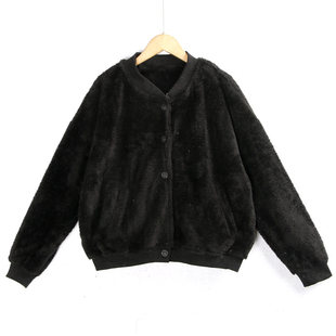 1636毛绒开衫外套冬季圆领，黑色纽扣百搭长袖针织，毛毛衣(毛毛衣)外贸