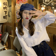 日系娃娃领白衬衫设计感小众秋新款花边衬衣女士长袖打底百搭上衣