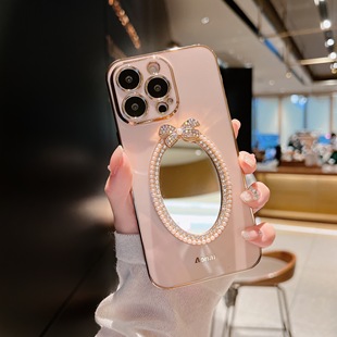 倚楼粉色水钻补妆镜子适用iphone15pro1413pro苹果12手机壳电镀11promax全包软硅胶xr气质网红女保护套