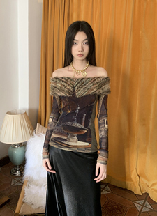 新中式复古欧洲毛针织(毛针织，)一字领上衣女，大翻领露肩拼接长袖t恤