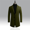 军绿色中长款风衣男生单排扣冬装，加厚呢子大衣外套5xl大码西装领