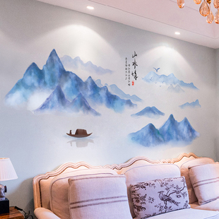 中式墙面装饰贴纸客厅沙发背景墙贴卧室床头中国风山水情贴画自粘