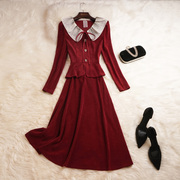 小众独特复古红色裙子套装，小香风女时尚洋气时髦茶里茶气两件套