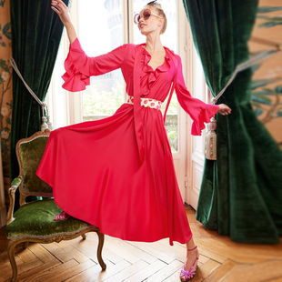 法式优雅2024年春季高端女神范气质雪纺长裙收腰玫红色连衣裙