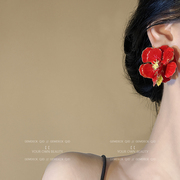 法式复古立体滴釉红色花朵，耳环女夸张轻奢小众，设计感耳钉气质耳饰