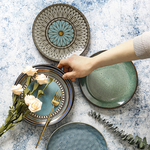 陶瓷盘子平盘创意菜盘日式复古餐具，家用寿司盘圆形水果盘窑变个性