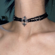 多层水晶复古十字架组合黑色串珠项链甜酷暗黑风吊坠颈链choker
