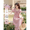木易易粉色格子连衣裙，女2024夏季高端精致仙女，款泡泡袖长裙