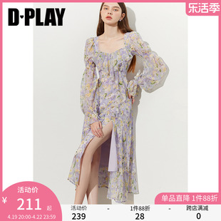 DPLAY2024年夏紫色连衣裙海边度假裙雪纺连衣裙法式碎花裙长裙女