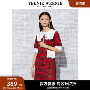 TeenieWeenie小熊奥莱春装大翻领红色格纹连衣裙学院风裙子短裙女