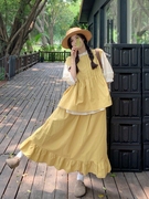 森系甜美简约风套装，女夏季宽松黄色马甲叠穿衬衫高腰半身裙三件套