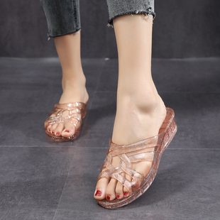 妈妈拖鞋女士透明水晶鞋，坡跟夏季中跟防滑透明软，塑胶室内凉拖外穿