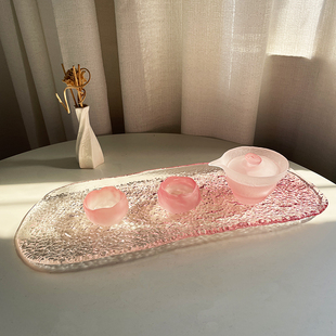 日式水晶玻璃创意复古粉色女士茶盘加长款加厚寿司长盘日料托盘