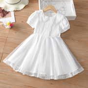 儿童短袖白裙子(白裙子，)2023女童连衣裙夏装蕾丝，中大童公主超仙纱裙夏