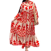 2024跨境欧美大码女装亚马逊优雅印花衬衫裙子波西米亚连衣裙