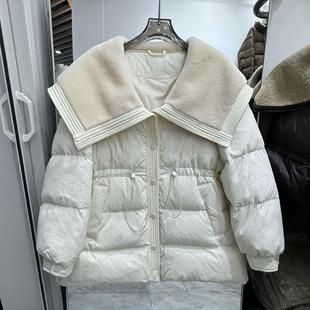 2024冬装新品女士娃娃领中长款羽绒服抽绳收腰显瘦白鸭绒外套