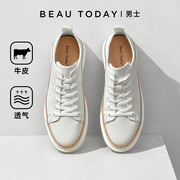 BeauToday休闲皮鞋男士中帮白色板鞋真皮小白鞋厚底增高2024